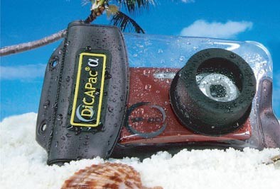 DiCAPac WP-410 waterproof camera case with camera inserted and lens zoomed out - this camera is taking a test drive in winter time to get ready for action with the right fitting WP-410 camera case according to our dicapac compatibility chart - easy to fin