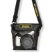 waterproof case for mirrorless system cameras DiCAPac WP-S3 with necklace and DSLM Hybrid camera and interchangeable lens and hanging on necklace - front view